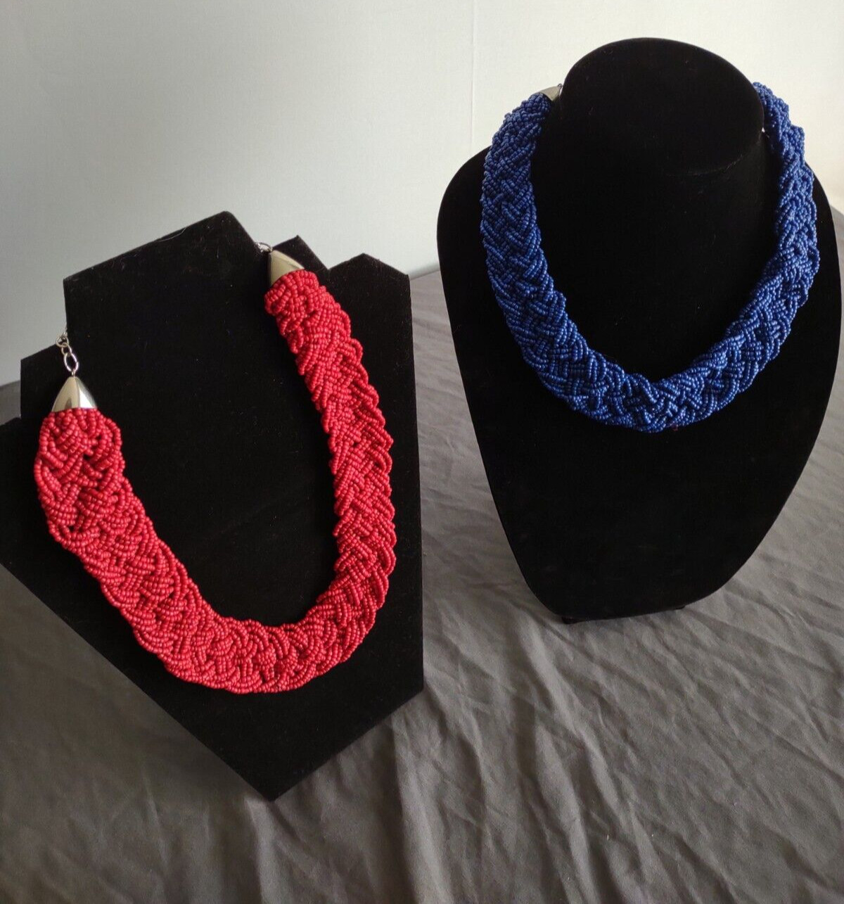 Statement Boho Glass Seed Bead Necklace Jewelry Lot Red Blue Chunky Braided