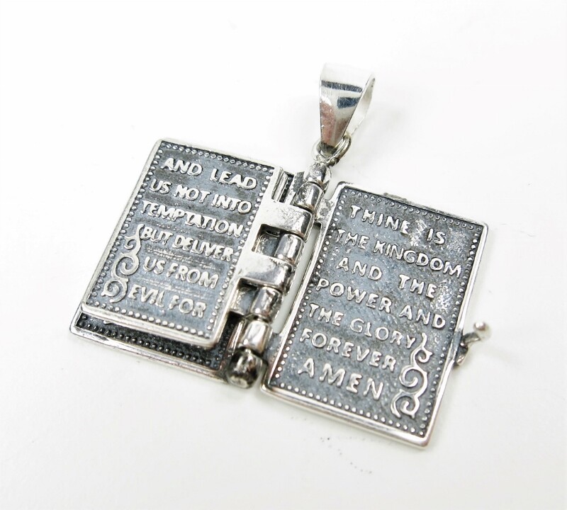 925 Sterling Silver Lord’s Prayer Holy Bible Open Pages Locket Charm Pendant