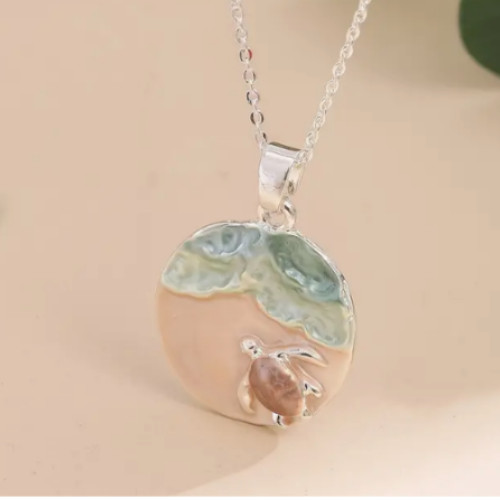 Beach Sea Turtle Necklace Pendant Silver Chain Summer Jewelry Ocean Scene Charm