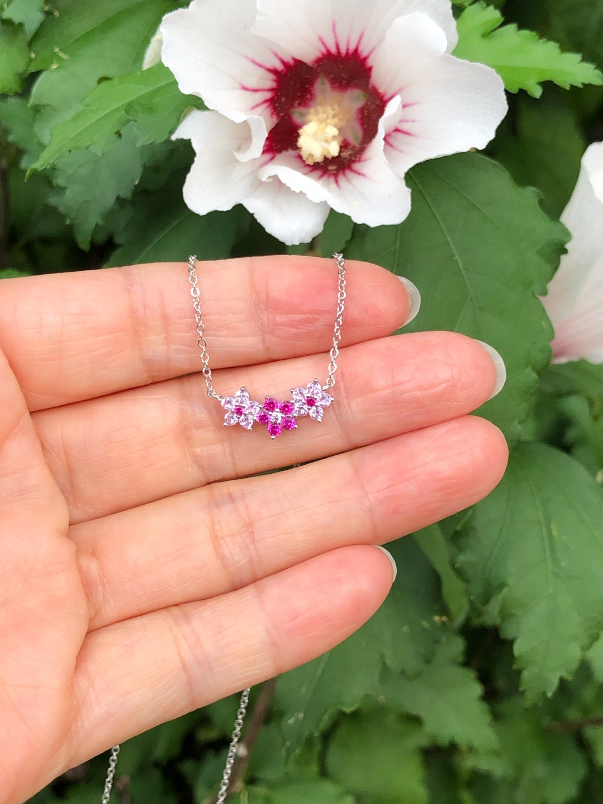 925 Sterling Silver CZ Triple Pink Flower Pendant Necklace Women Girl 16mm 17.5″