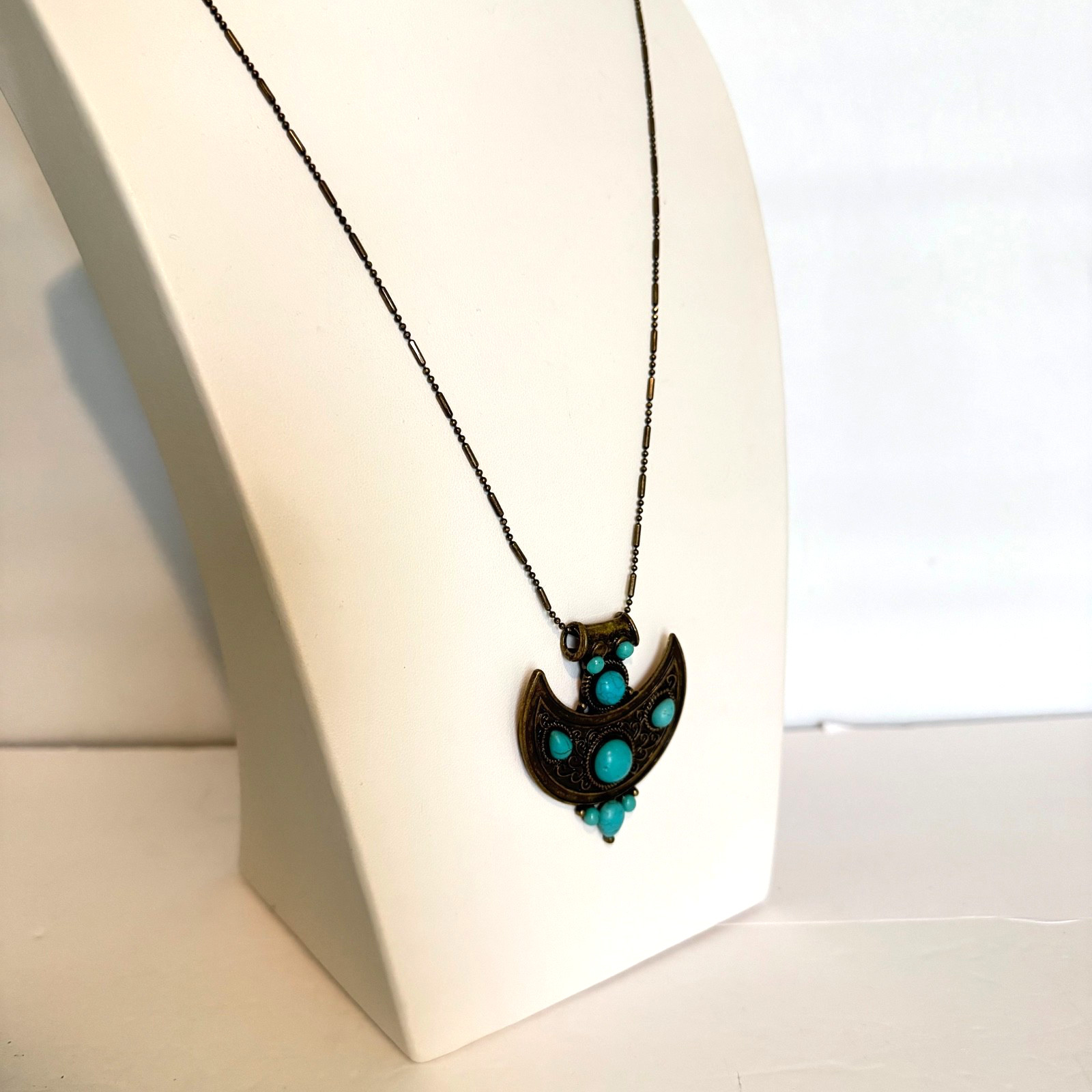 Vintage Boho Crescent Moon Pendant Necklace Faux Turquoise Antique Bronze Chain