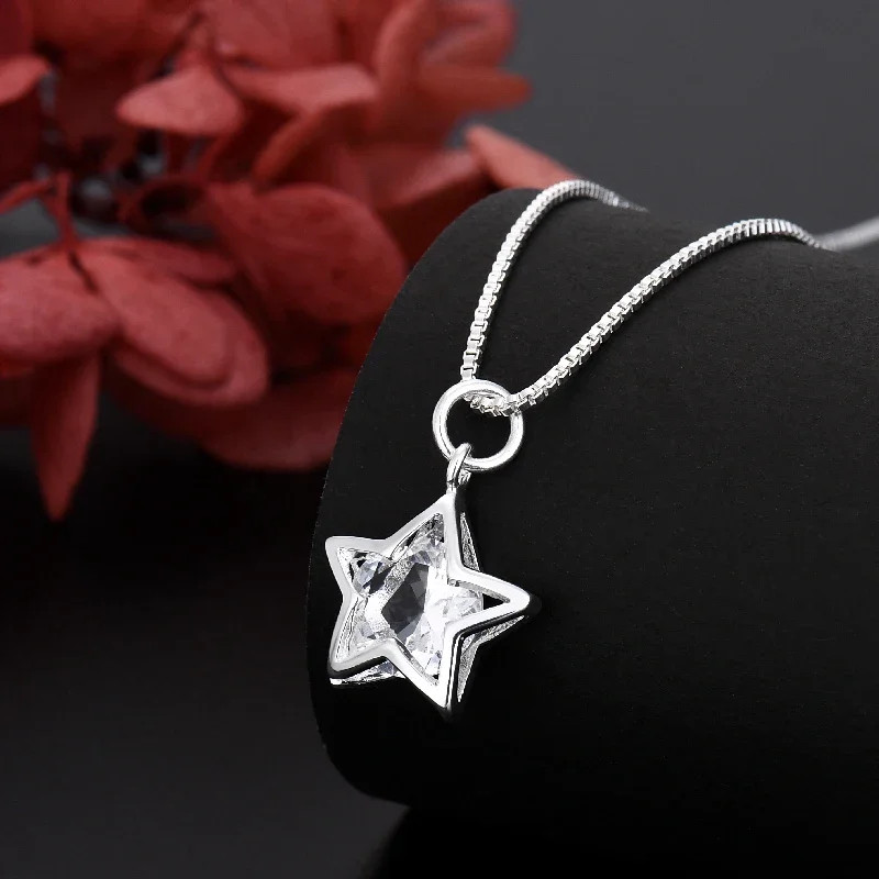 New korean fashion 925 Sterling Silver pretty Shining Crystal Star necklace for
