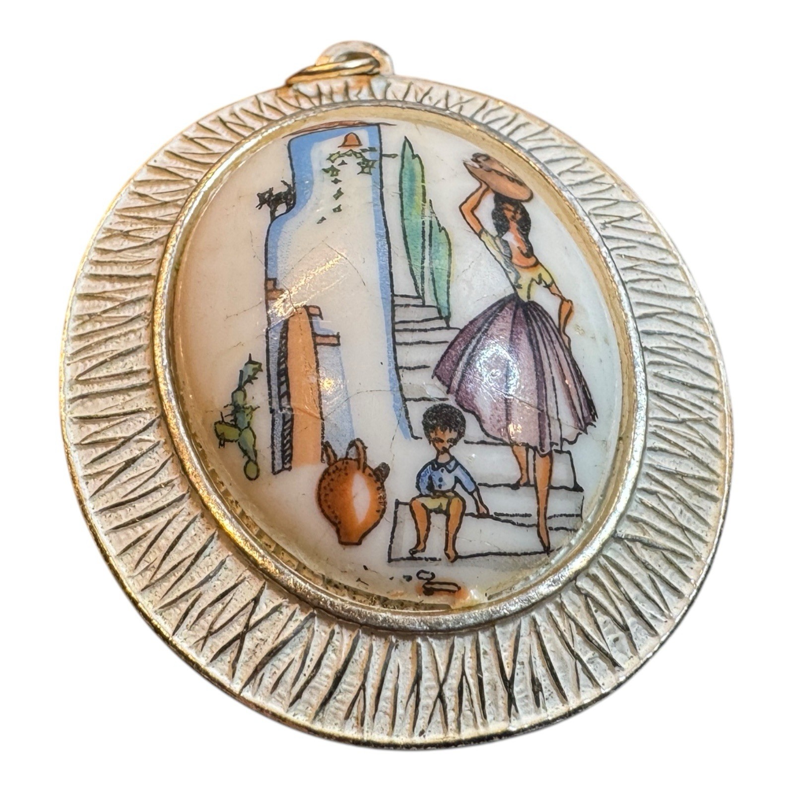 Vintage West Germany Pendant Painted Folk Art Scene Woman Child Cat Oval