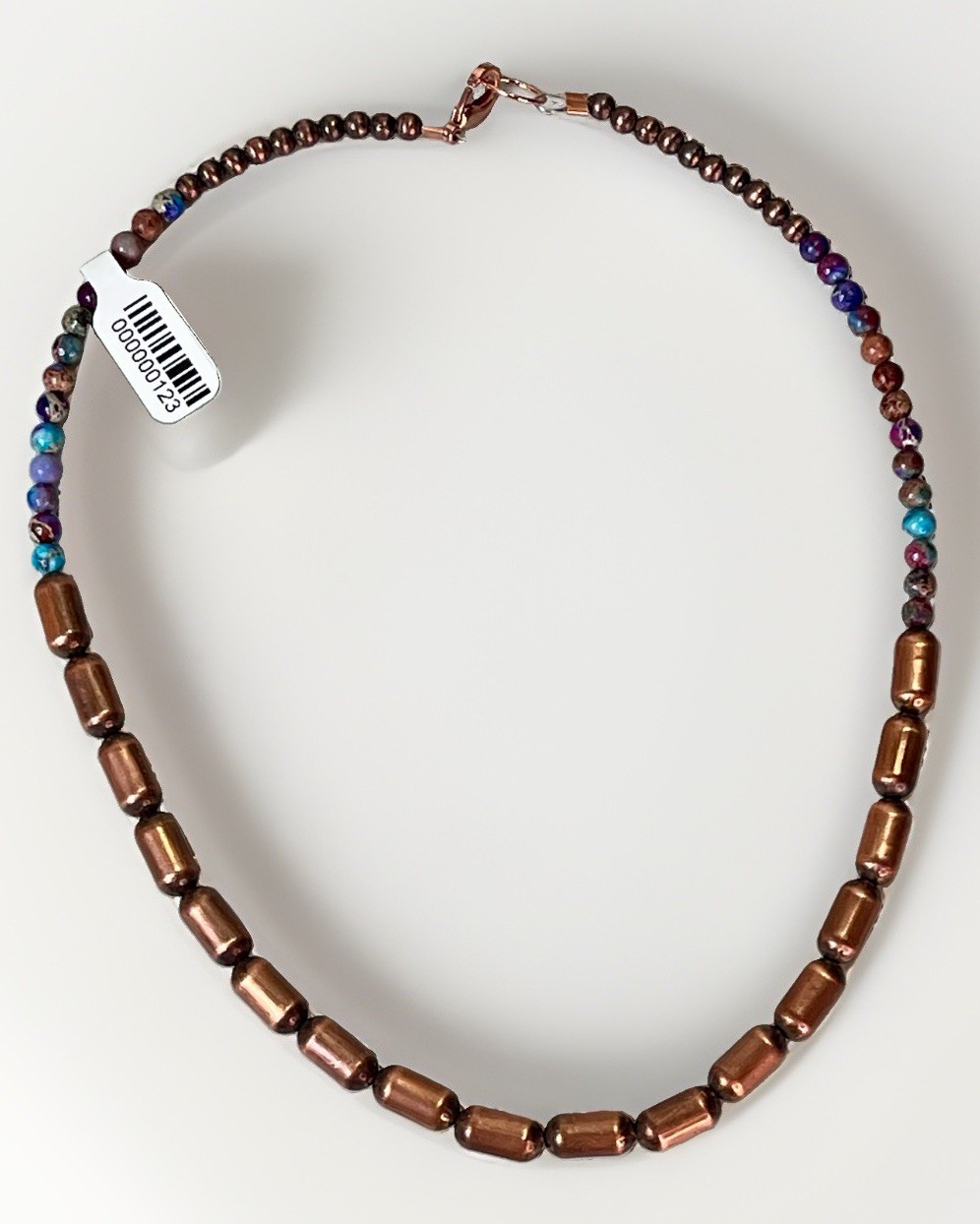 Sea Sediment Jasper Beaded Copper Barrel Bead Necklace Round Multicolor- 15 in