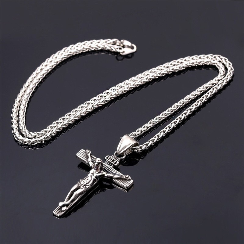 Men Stainless Steel Jesus Christ Crucifix Cross Pendant Chain Necklace