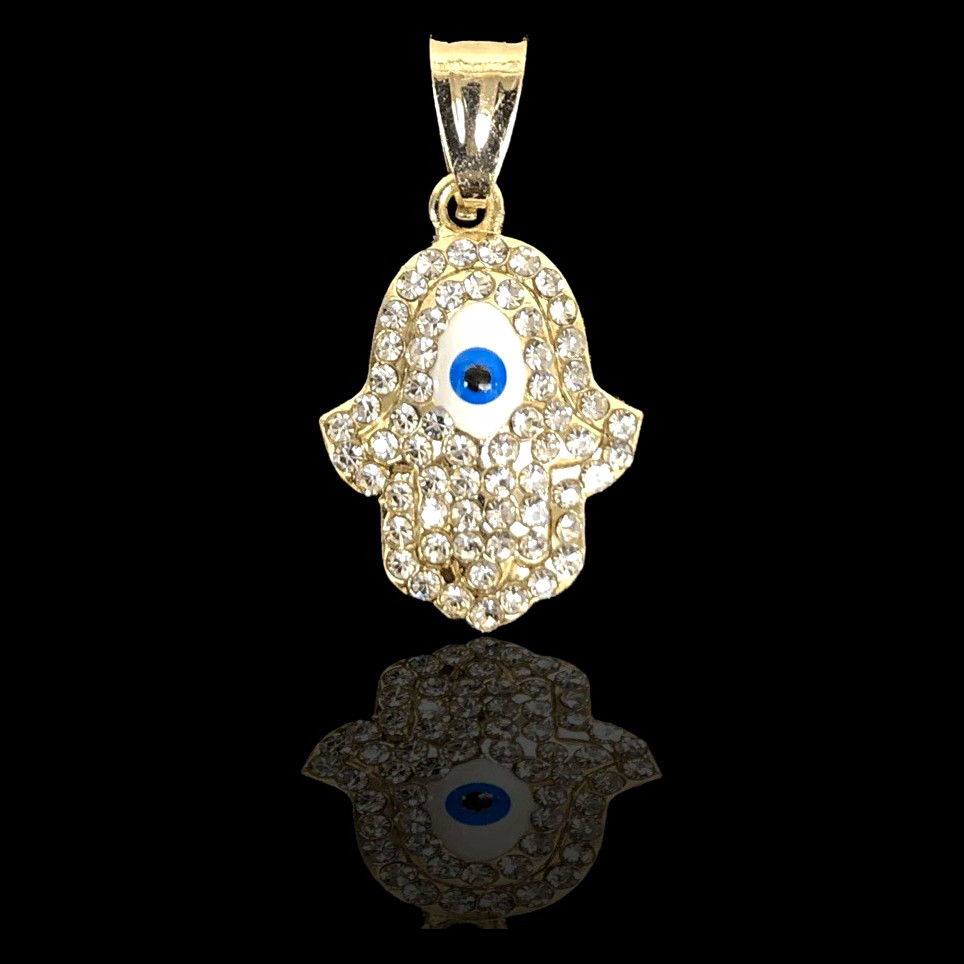 Gold-Filled Hamsa Hand Evil Eye Charm Pendant, Crystal Pavé Glass Stones
