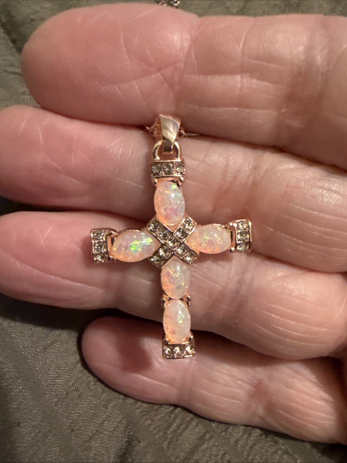 Rose Golden Hip Hop Pinkish Blue Glass Stones Cross Necklace W/rhinestones