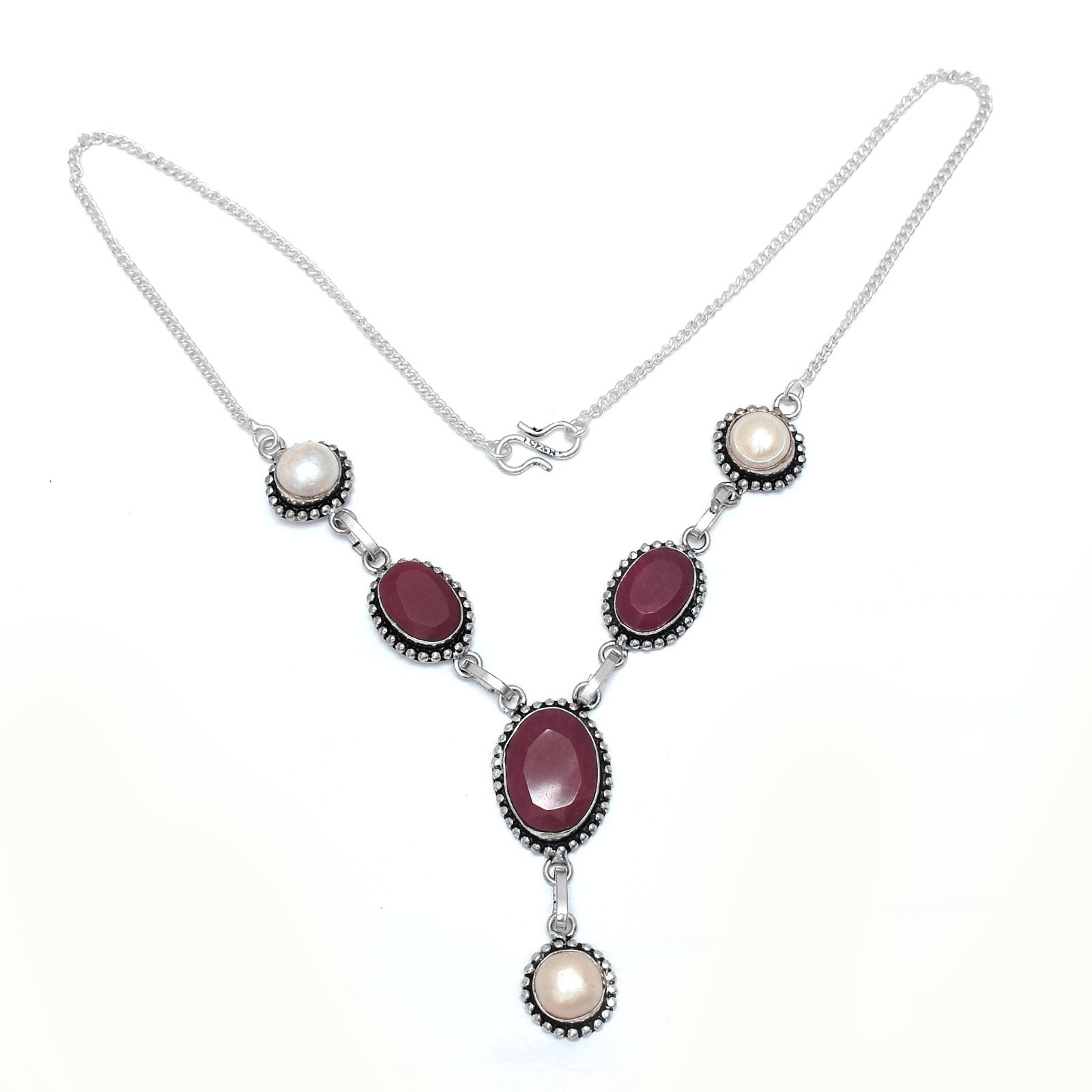 Simuleted Ruby Pearl Gemstone Ethnic Handmade Necklace Jewelry 25 Gms N-1401