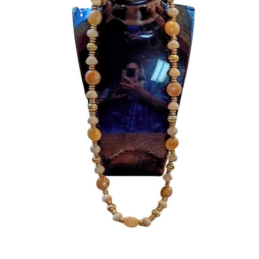 Vintage Beaded Necklace Retro Style Earth Tone Colors Gold-Tone Spacers