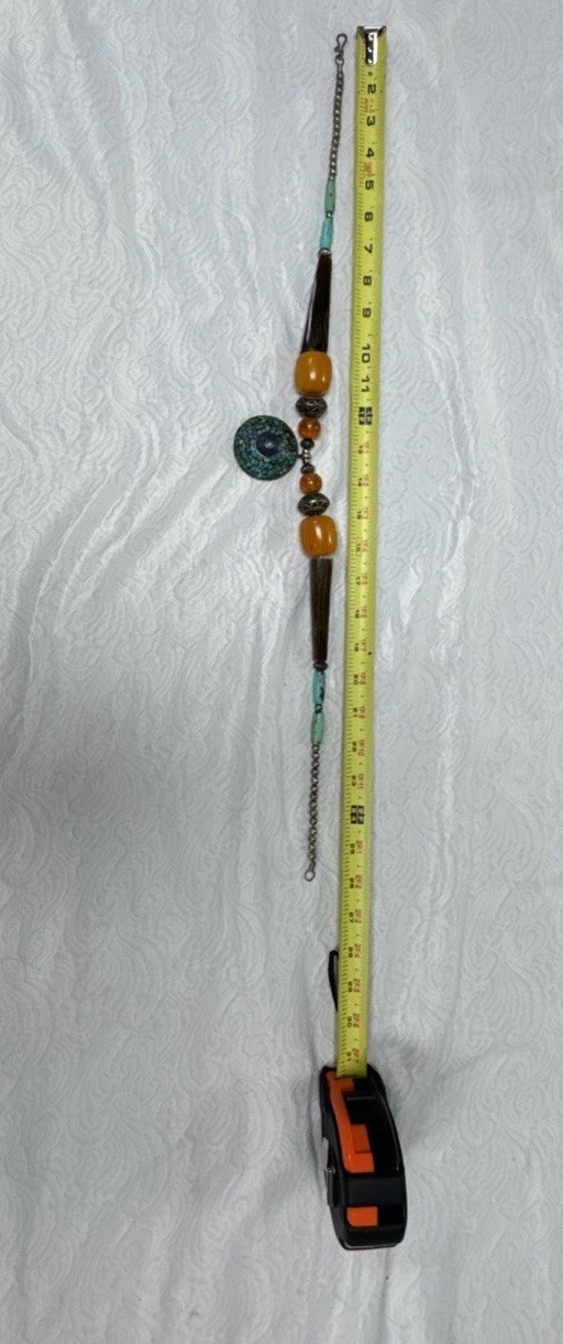 Vintage Bohemian Multi Color Necklace Tibetan Resin Amber with Turquoise Pendant