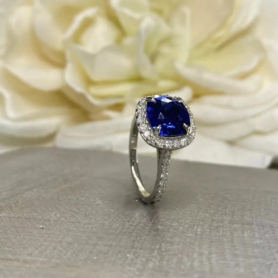 2.40 Ct Natural Blue Sapphire Diamond Engagement Ring 14K White Gold Size 8.5