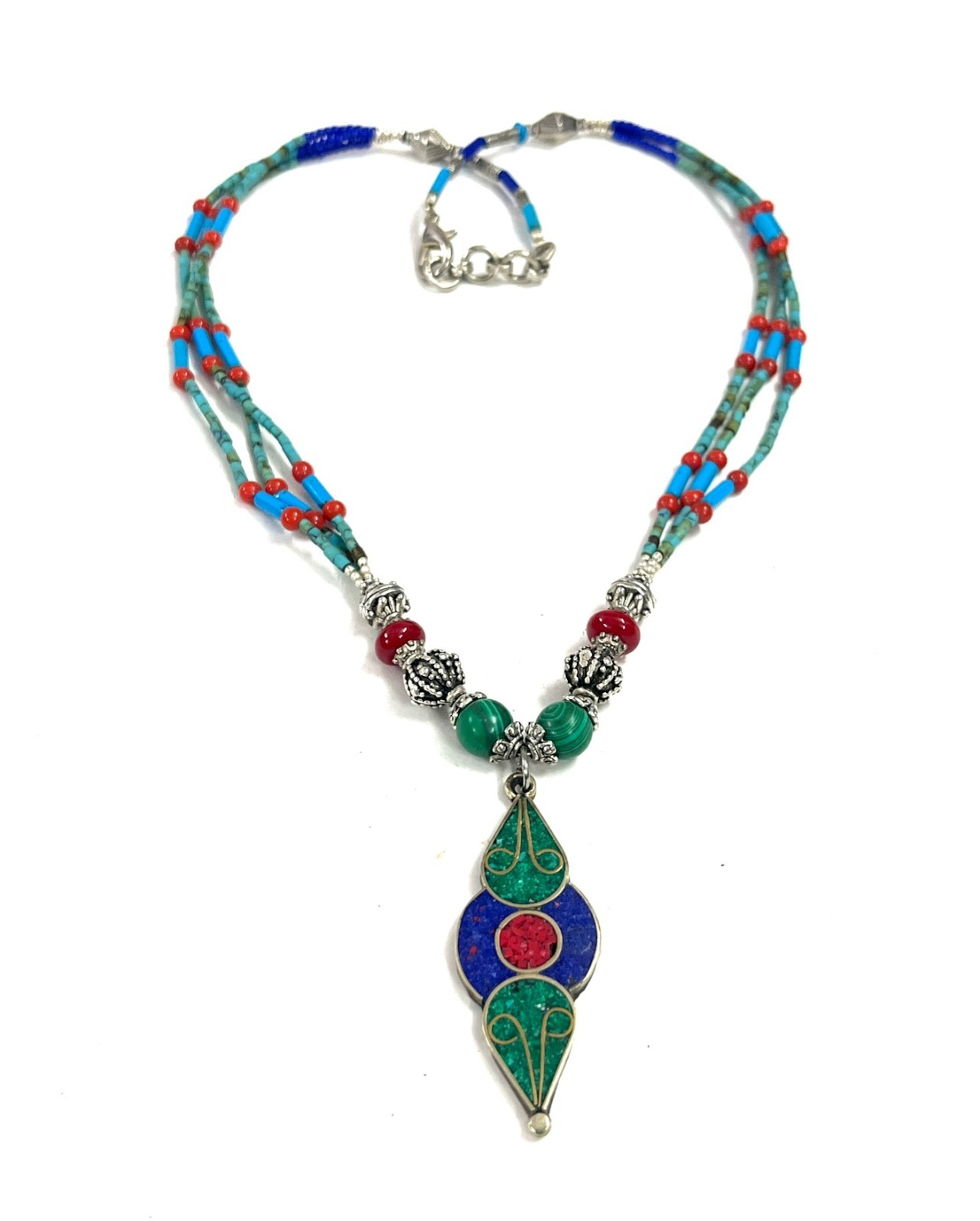 Turquoise Coral Gemstone Tibetan Bohemian Necklace Jewelry, 18 Inc Adjst