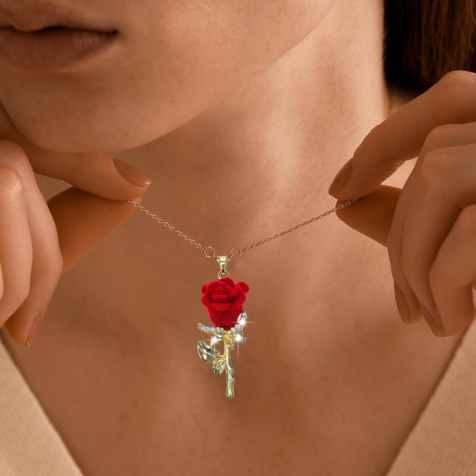 Valentines Day Gift Red Rose Necklace for Women Dainty Gold Flower Gift