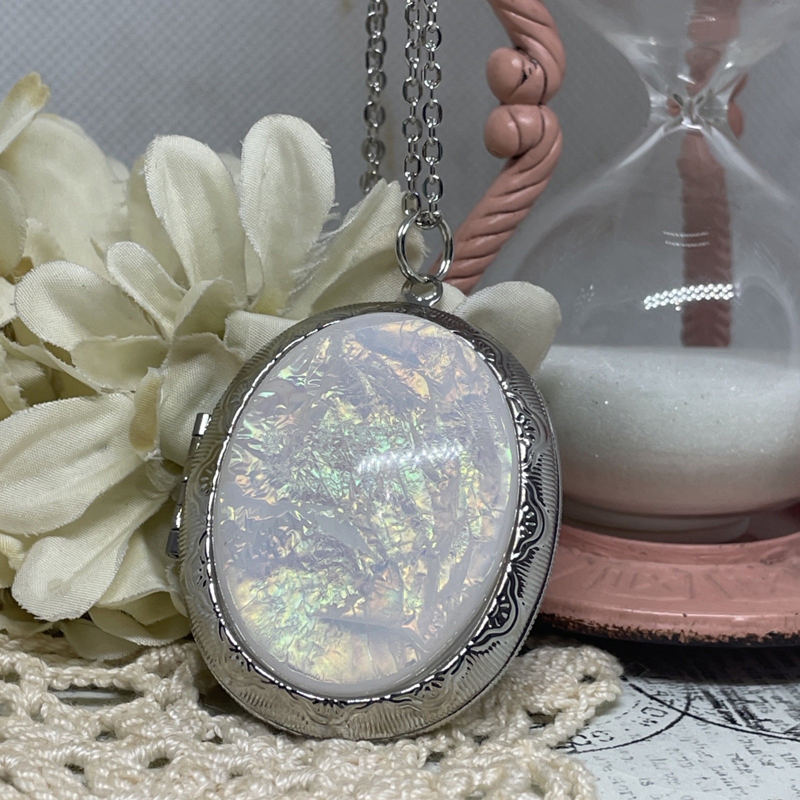 Silver New Photo Locket Opal Wedding Necklace Mom Daughter Birthday Anniversary