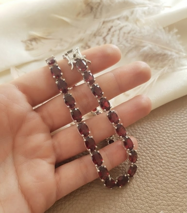 Red Garnet Oval Stone Tennis Necklace For Women In 925 Sterling Silver Jewelry