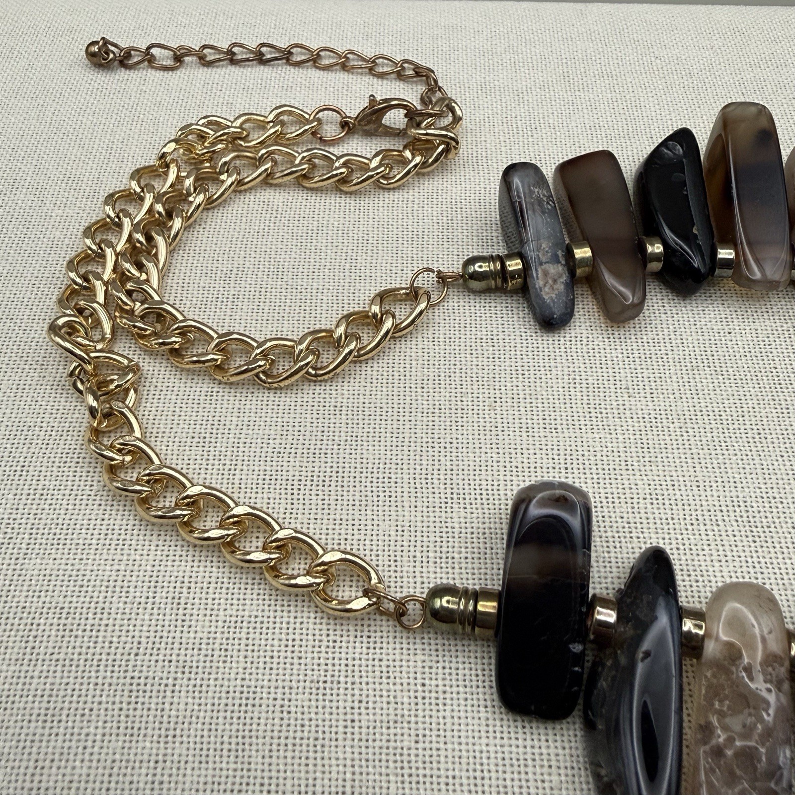 Stone Slice Collar Statement Bib Necklace Brown Black Grey 22″ Artisanal Earthy