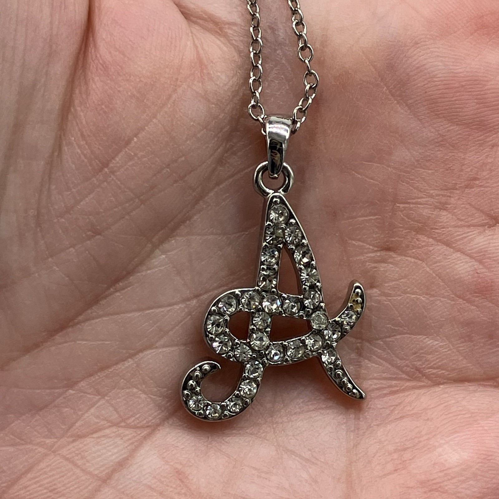 Silver Tone Initial A Necklace 16 in Clear Crystal Rhinestone Dainty Pendant