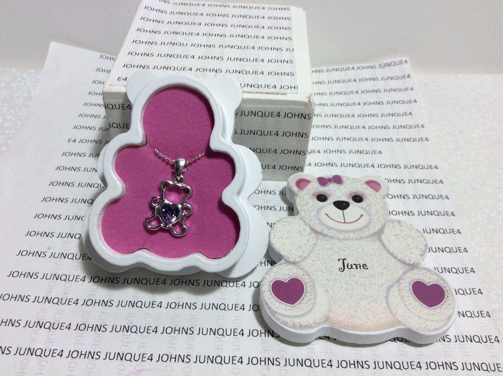 TEDDY BEAR NECKLACE New in Teddy Bear wooden Box 16” chain JUNE