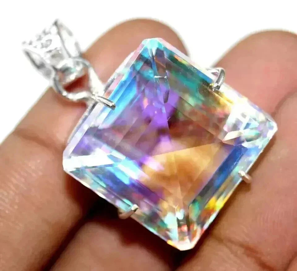 60 CT+ Flawless Rainbow Fire Mystic Topaz Pendant 925 Sterling Silver Plated