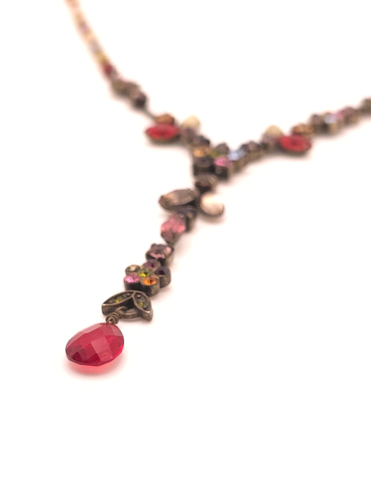 Vintage Multicolor Beaded Y-Drop Necklace Red Teardrop Crystal Floral Drop