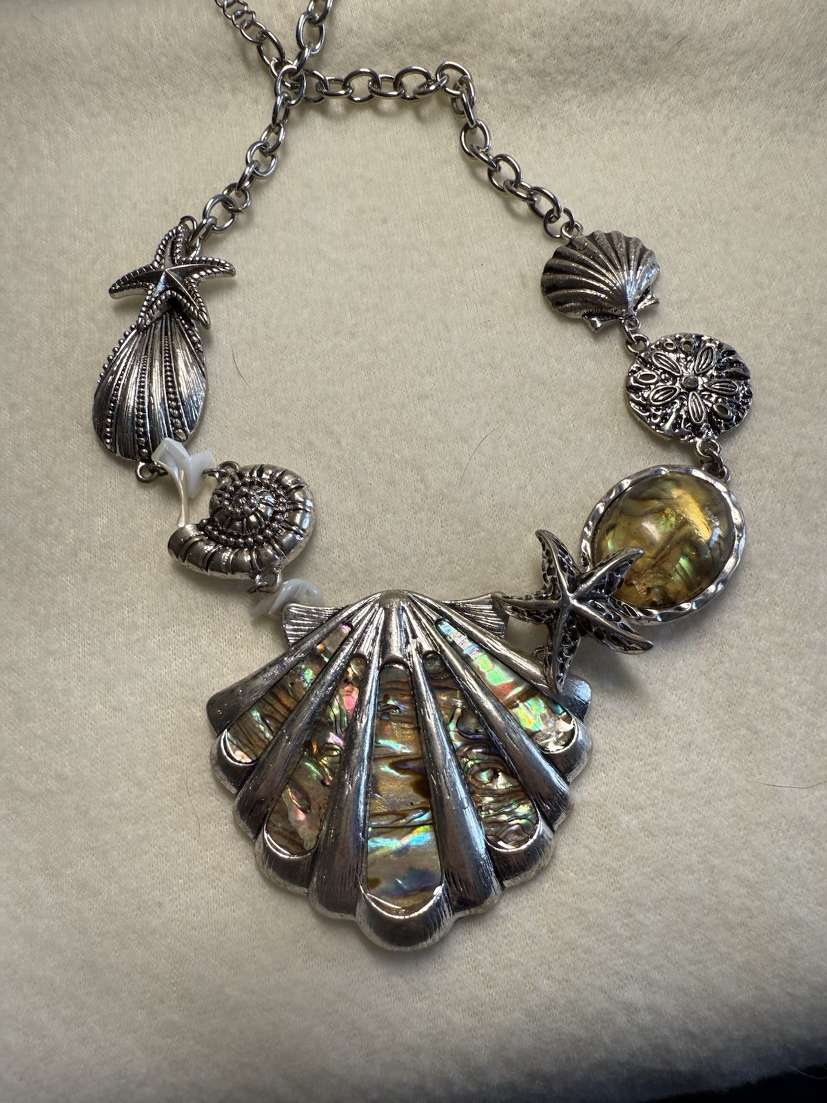 Coastal Silver Tropical Shell Necklace Cruise Wear Abalone
