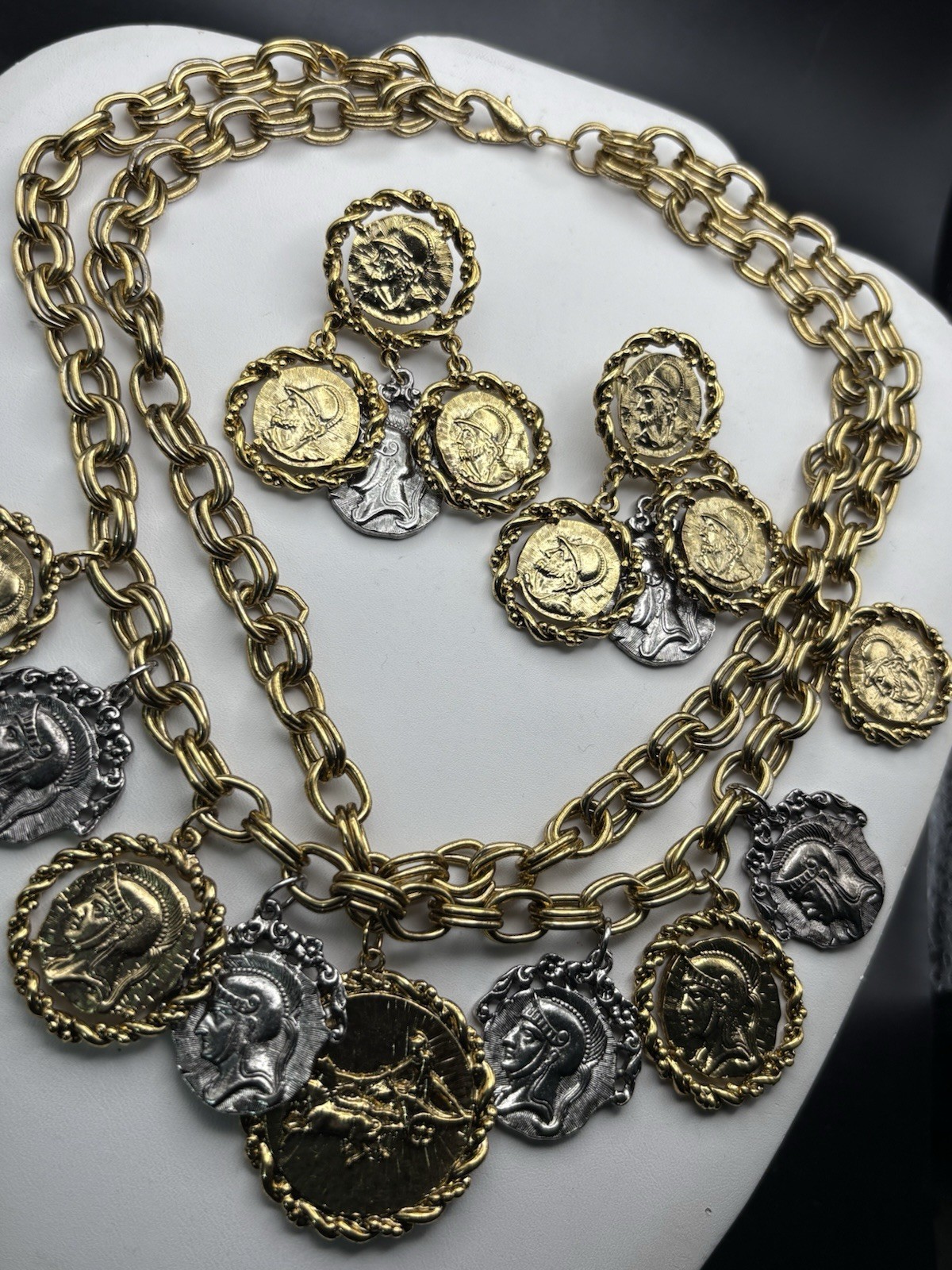 coin charm necklace Earrings Set Layered Two Tone Roman Greek Soldier Medallion
