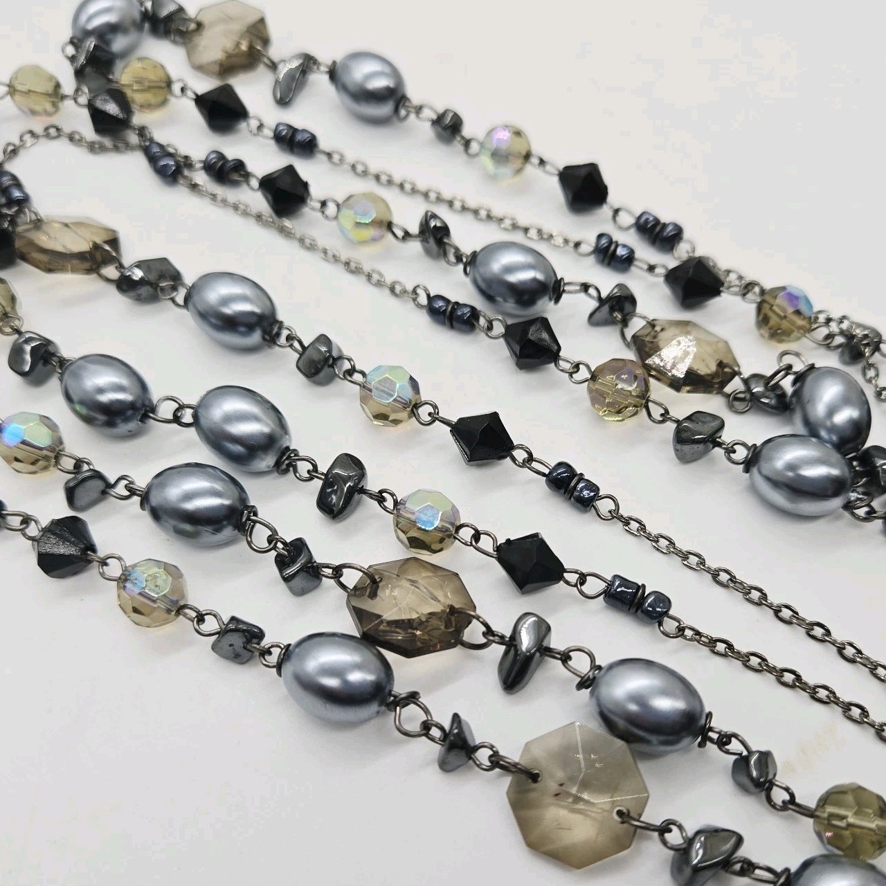 Macy’s Black & Grey Aurora Borealis Beaded necklace Long 60 in