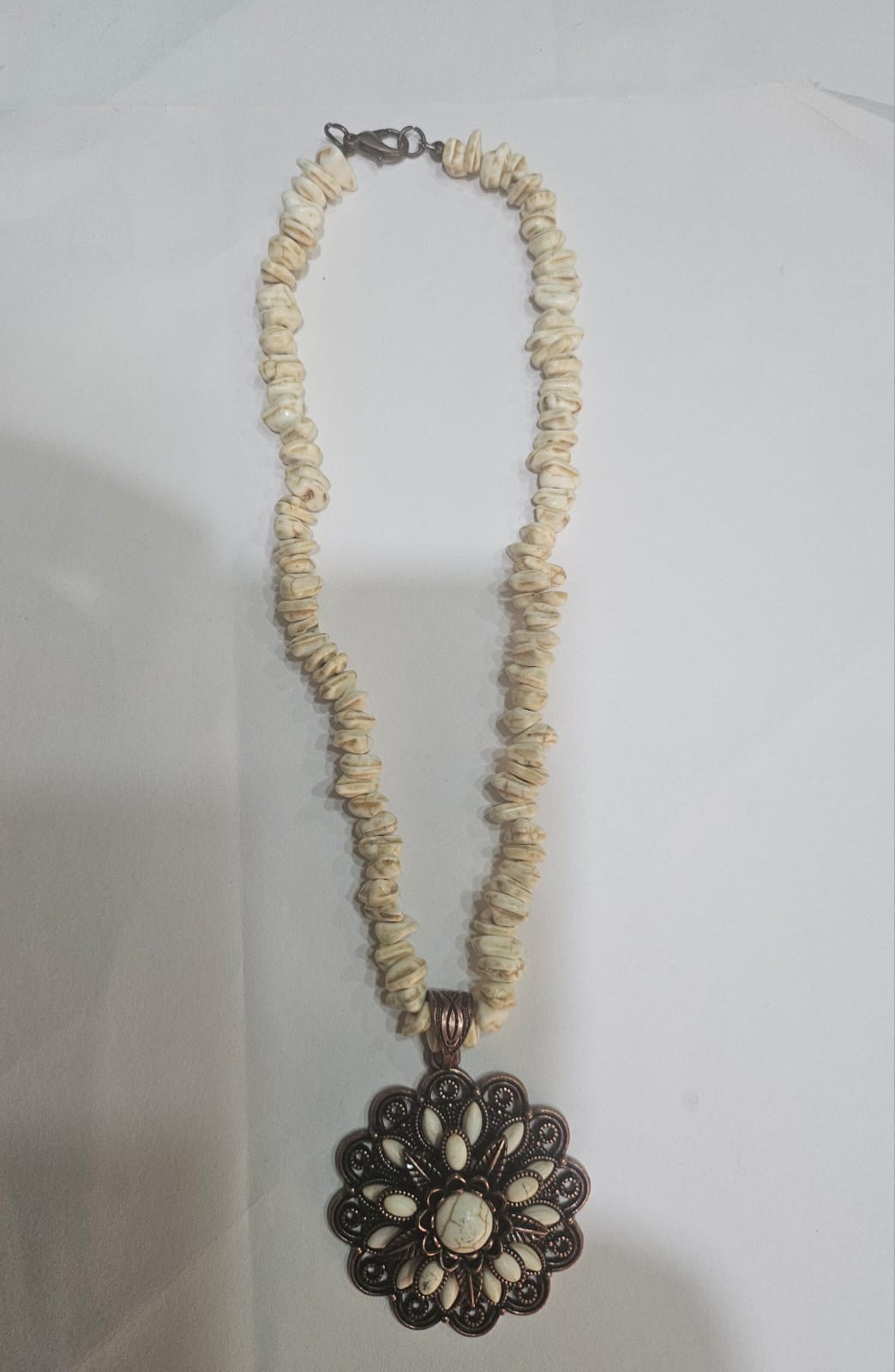 Boho White Stone Beaded Necklace with Vintage Floral Pendant Statement Jewelry
