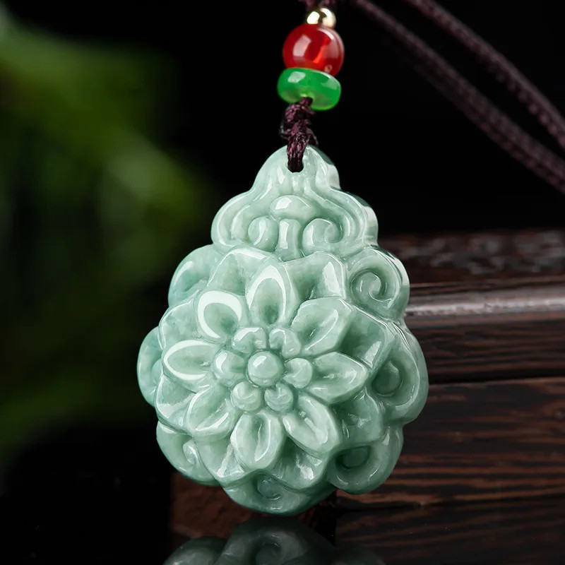 Jadeite Rose Flowers Pendant Ice Kind Handmade Carved Women’s Necklace