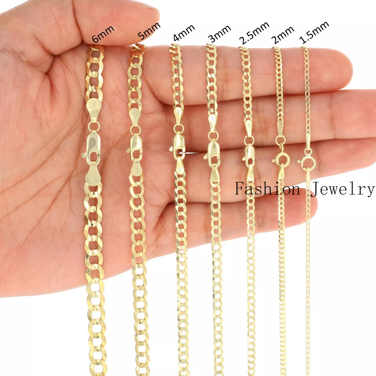 14K Yellow Gold Solid 3mm-10mm Curb Cuban Chain Link Necklace Bracelet 7″- 30″