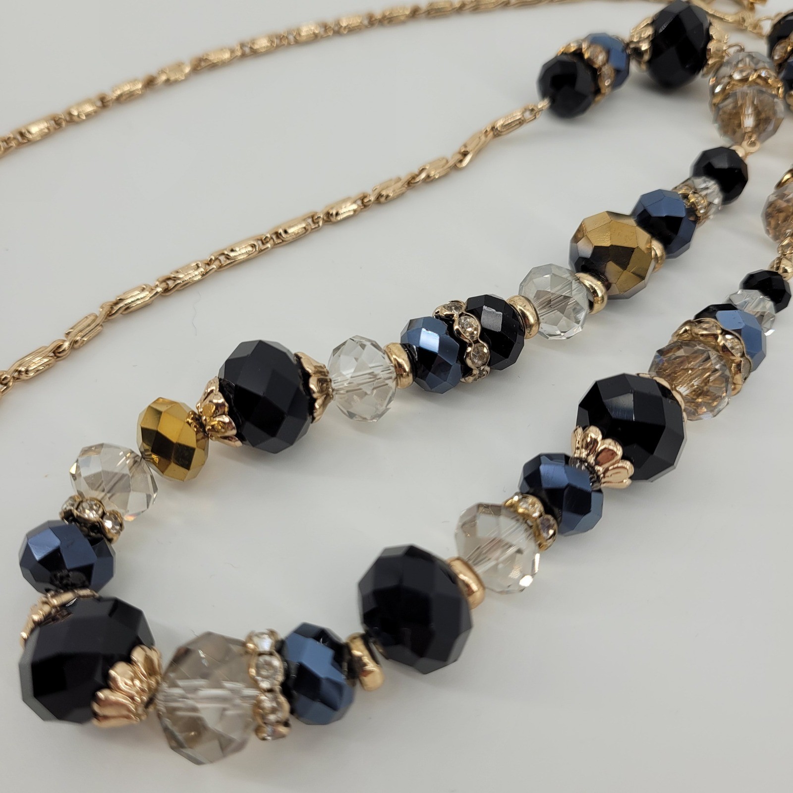 Glam Black Grey Gold Tone Statement Necklace Faceted Crystal Beaded Rhinestone