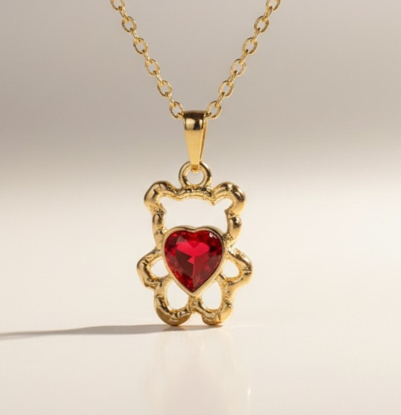 Gold Tone Hollow Teddy Bear With Red Crystal Heart Pendant Necklace Jewelry