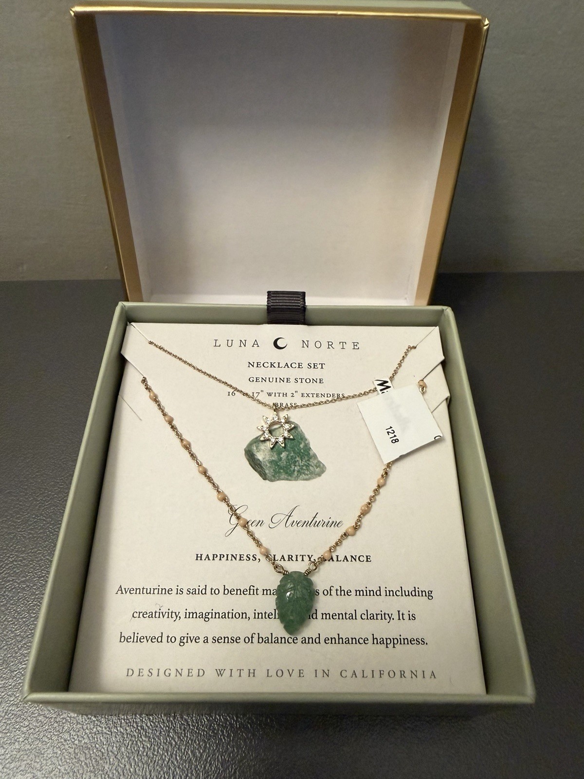 Luna Norte Green Aventurine Brass Pendant Necklace 16-17in +2in Ext Adjustable