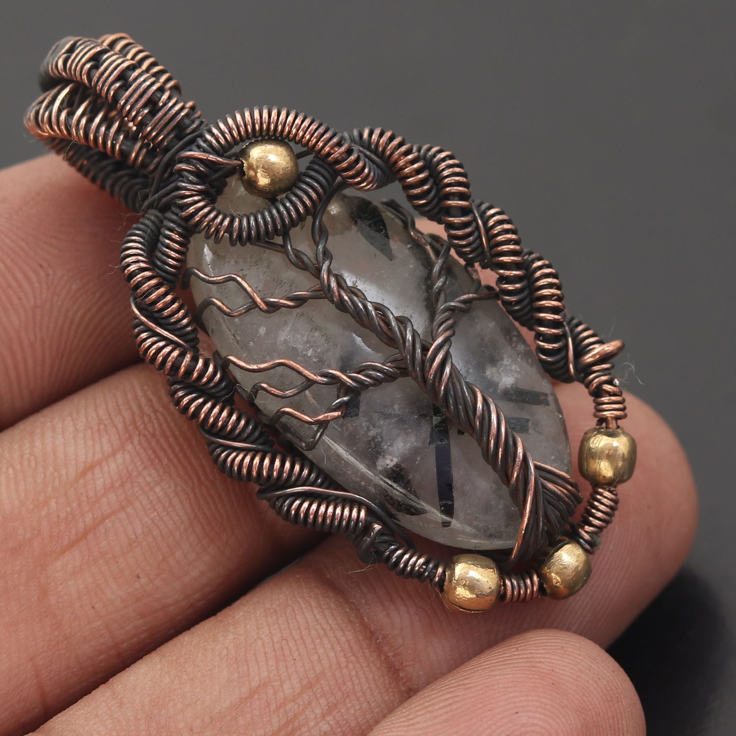 Black Rutile Gemstone Copper Wire Wrapped Handmade Pendant Jewelry Gift For Her