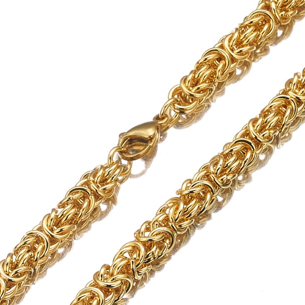 8mm 24” Men Jewelry Gold Stainless Steel Handmade Byzantine Link Chain Necklace