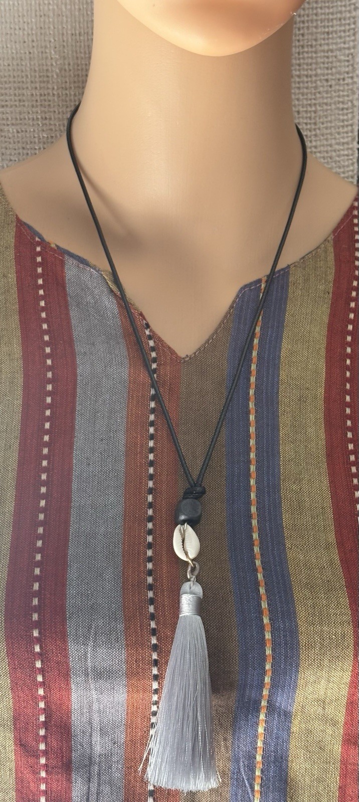 Shell Tassel Pendant Black Cord Necklace Boho Beach Theme Adjustable Closure