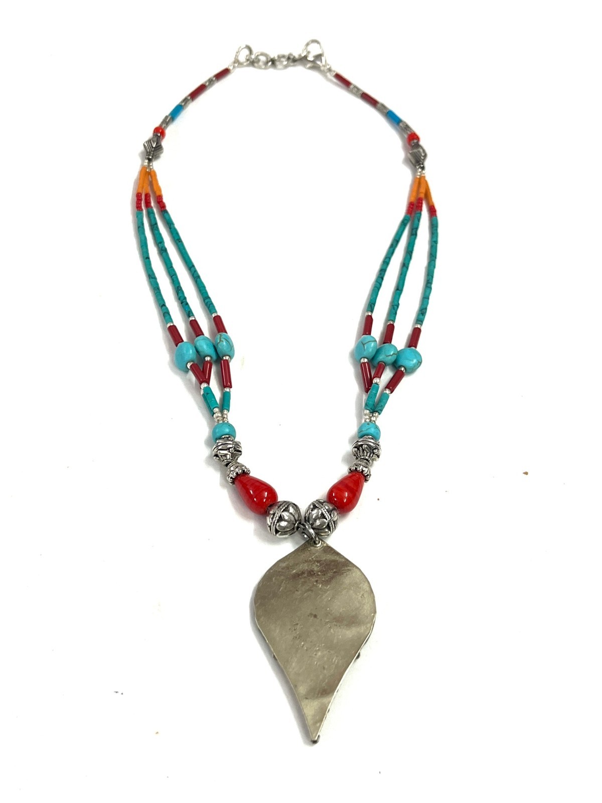Antique Turquoise Coral Gemstone Tibetan Boho Necklace Jewelry, 17 inch Adjus