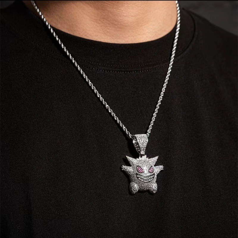 Hip Hop Style Titanium Steel Zircon Ghost Tongue Pendant Necklace Sweater Chain