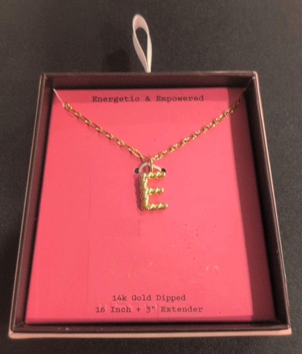 A New Day E Initial Necklace 14k Gold Dipped, 16 Inch + 3” Extender