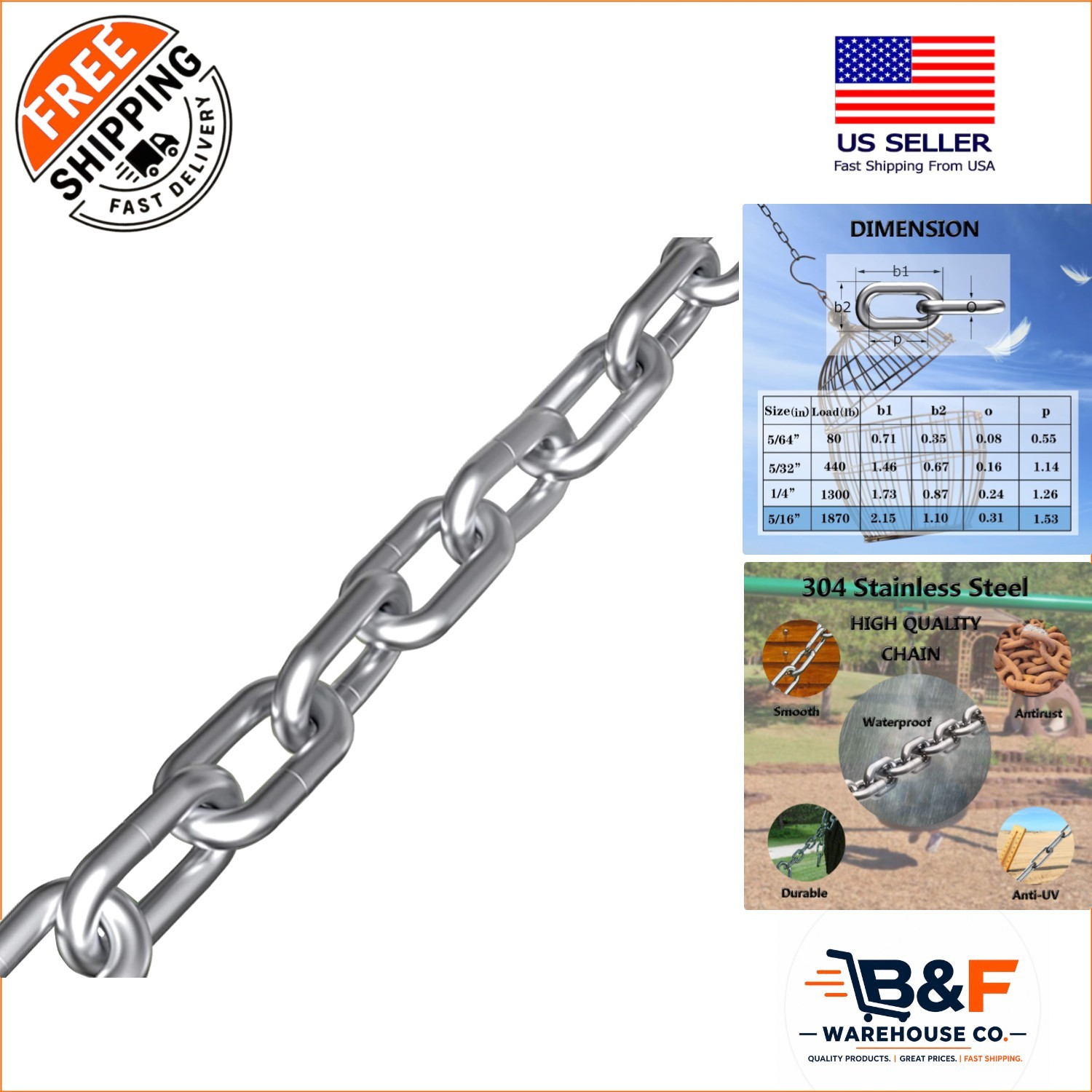 6.5ft Stainless Steel Link Chain – Heavy-Duty, Corrosion-Resistant 5/16in Size