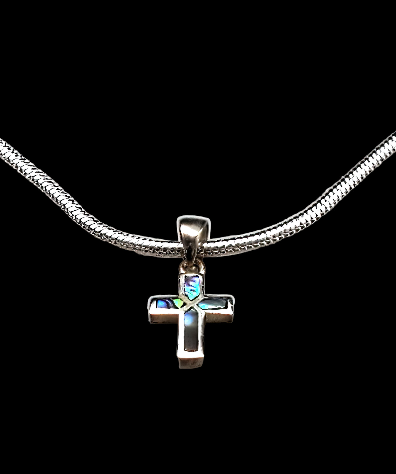 Abalone Cross on 925 Tagged Sterling Silver Plated 2mm Snake Chain