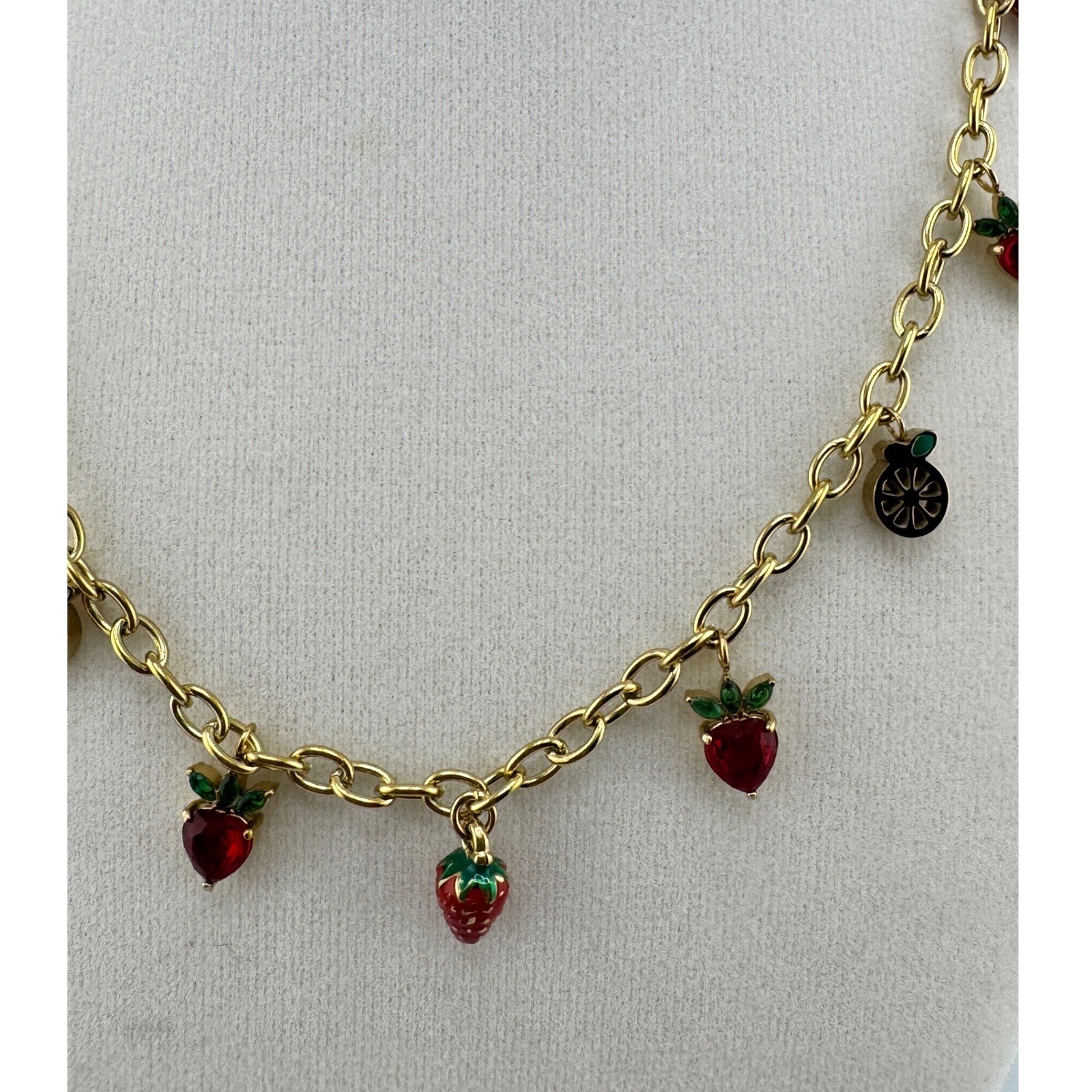 Gold Tone Strawberry Citrus Fruit Charm Chain Necklace Red Crystal