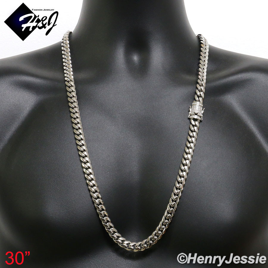 18″-40″MEN Stainless Steel 10mm Silver ICY CZ Miami Cuban Curb Necklace*N158