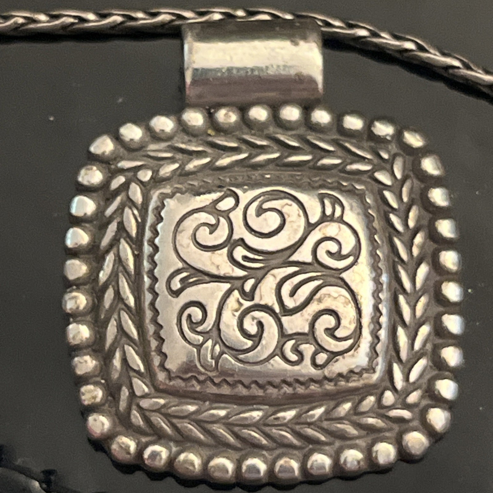 Vintage Brighton Silver Scroll Square Pendant on 36 Inch Wheat Chain Necklace