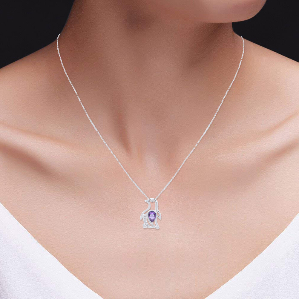 Simulated Alexandrite Penguin Pendant Necklace 14K Gold Plated Silver