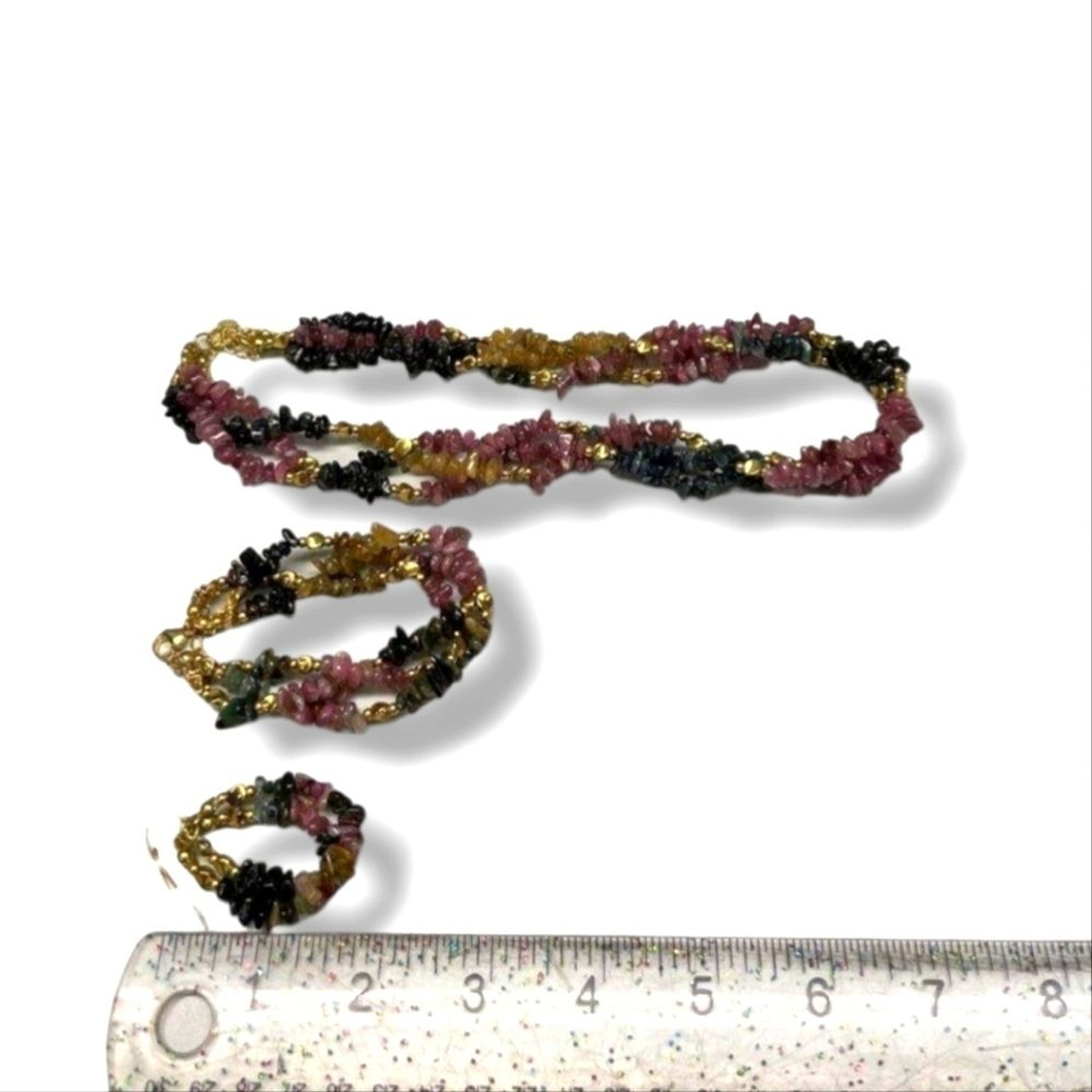 Stauer Rainbow Tourmaline Chip MultiStrand Necklace Bracelet Earrings Set
