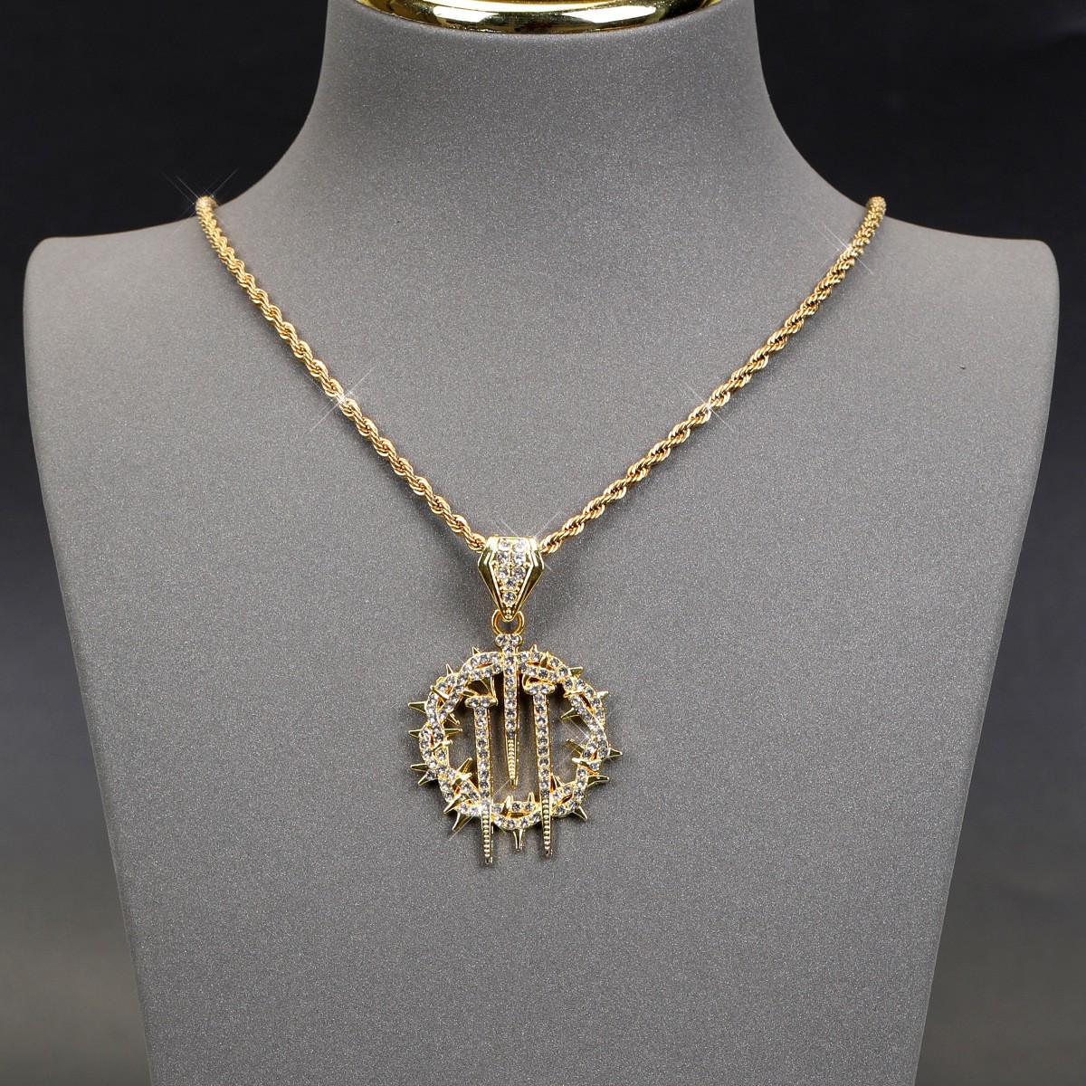 Iced Thorn Spikes Pendant Necklace Stainless Steel Twisted Rope Chain Unisex