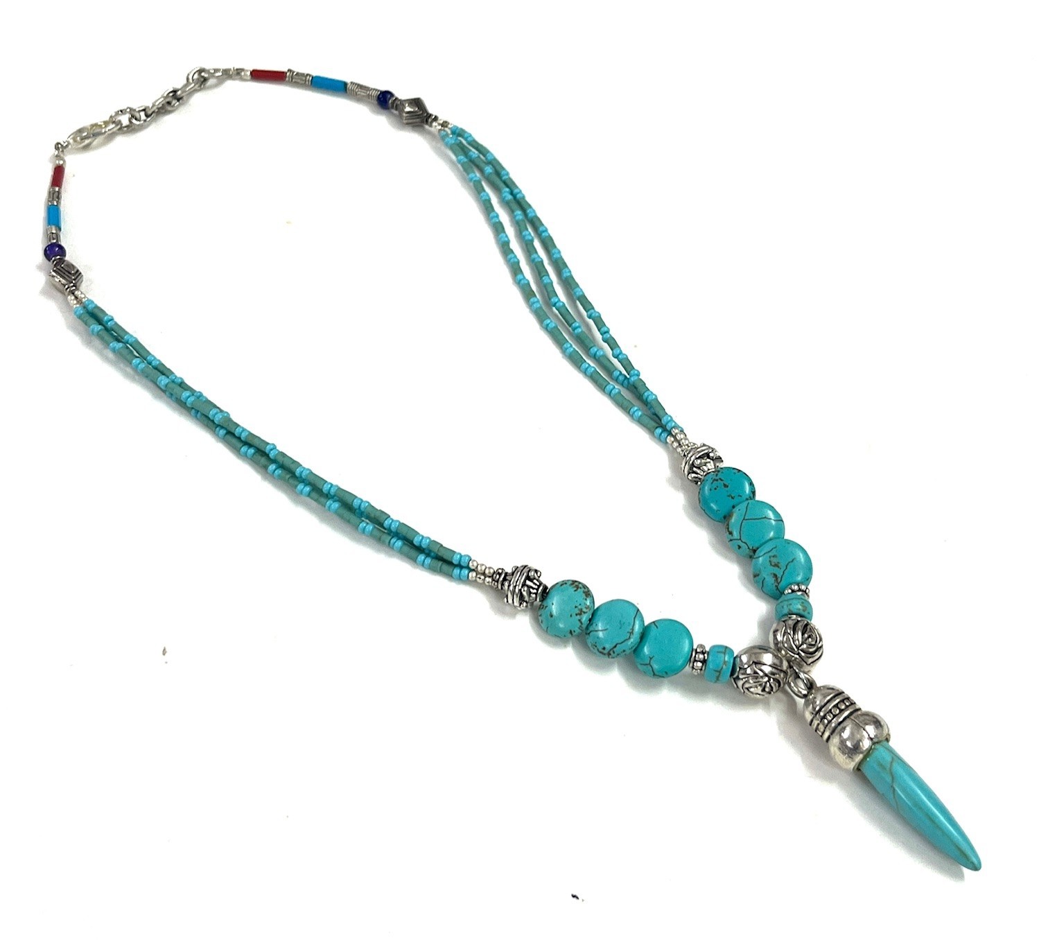 Ethnic Turquoise Gemstone Nepalese Statement Necklace Jewelry, 18 inch