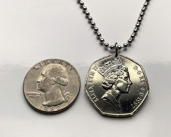 1997 UK 50 Pence coin pendant British lion Britannia London England Leeds 000193