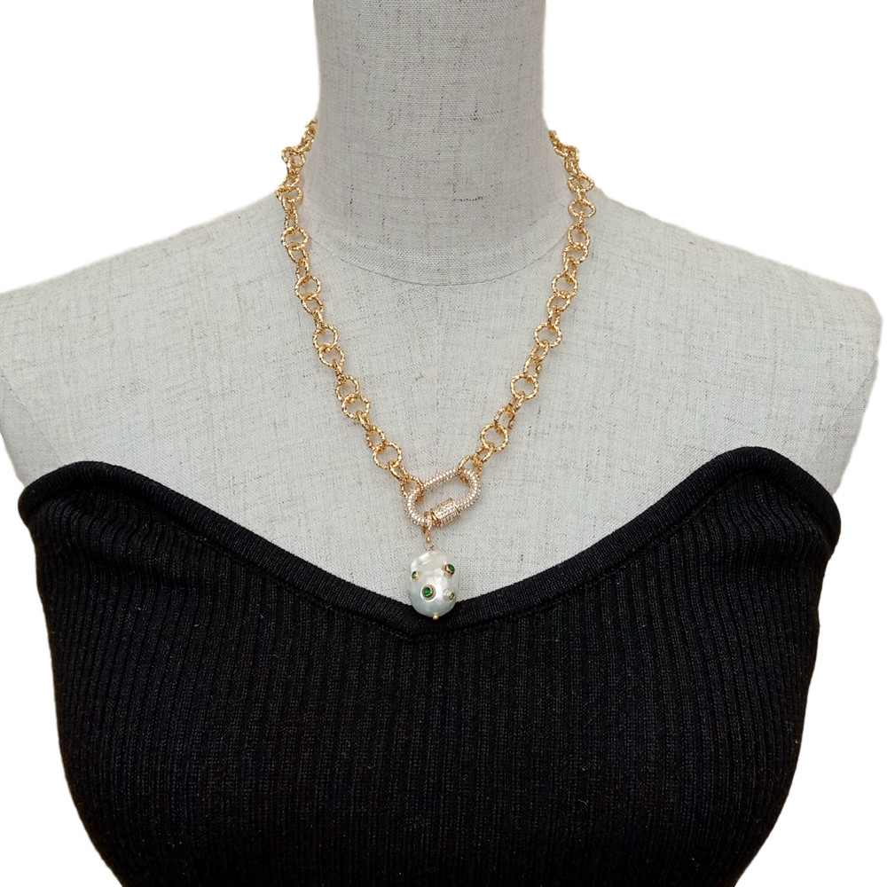 Cultured White Keshi Pearl Green Cz Pave Gold Plated Chain Necklace 18″
